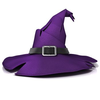 Halloween, witch hat. Purple hat with black belt. Isolated on white background