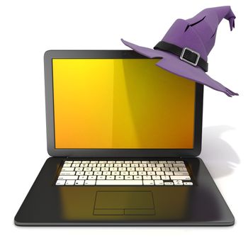 3D rendering of a open black laptop with Halloween colored screen and purple witch hat, with black belt. Isolated on white background. Front view