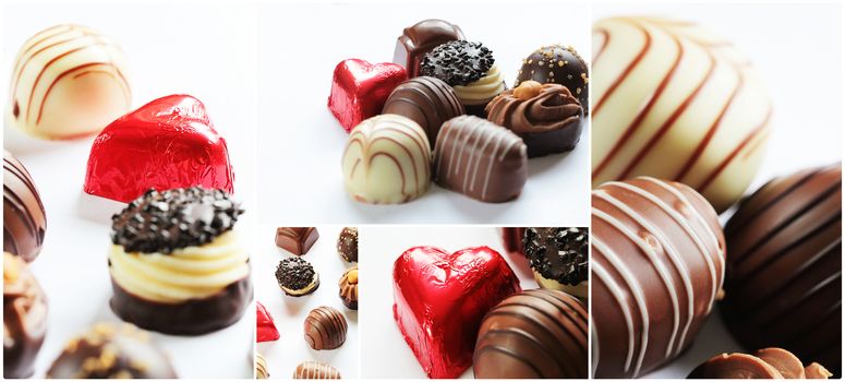 Chocolate candies background collage close up photos