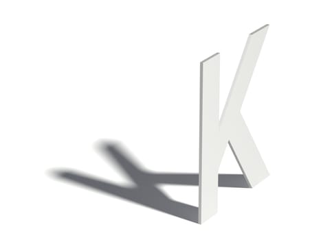 Drop shadow font. Letter K. 3D render illustration isolated on white background