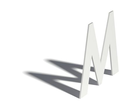 Drop shadow font. Letter M. 3D render illustration isolated on white background