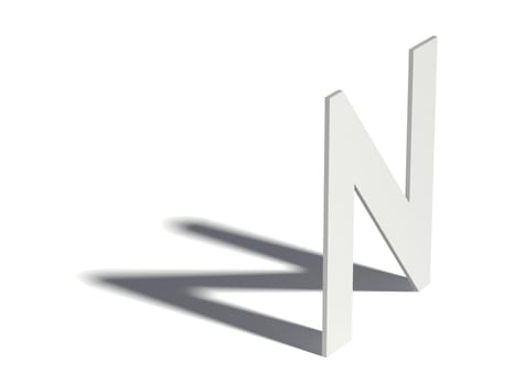 Drop shadow font. Letter N. 3D render illustration isolated on white background