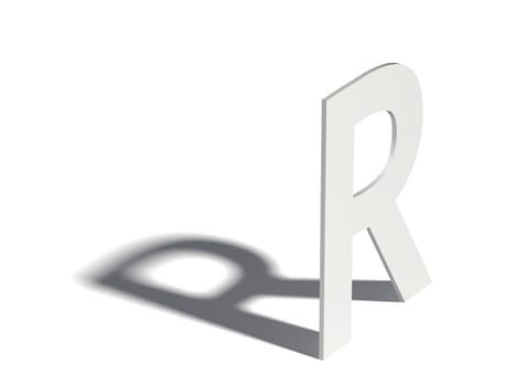 Drop shadow font. Letter R. 3D render illustration isolated on white background