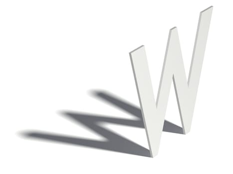 Drop shadow font. Letter W. 3D render illustration isolated on white background