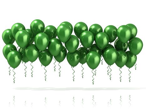 Green party balloons row, isolated on white background