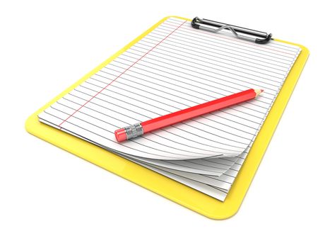 Yellow clipboard and blank lined paper. 3D render illustration isolated on white background