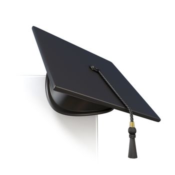 Graduation cap on blank paper corner. 3D render illustration isolated on white background