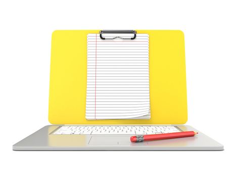 Blank clipboard lined paper on laptop. Front view. 3D render illustration isolated on white background