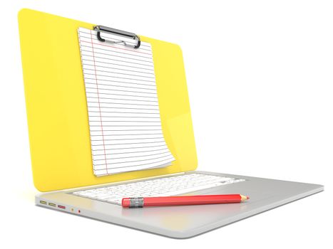 Blank clipboard lined paper on laptop. Side view. 3D render illustration isolated on white background