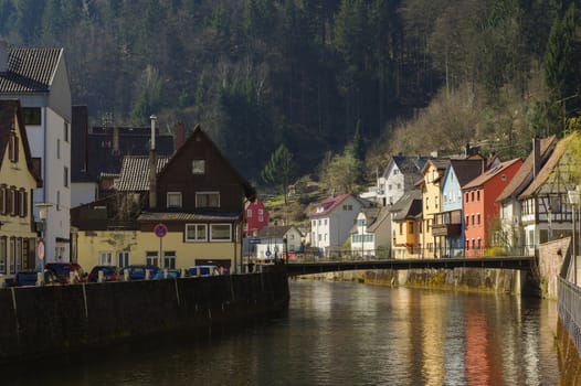 NEUENBUERG, GERMANY, April 30 - 2015: water reflection of colorful house in spring, Neuenbuerg Germany