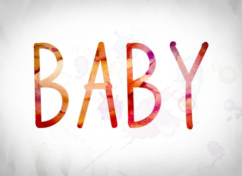 The word "Baby" written in watercolor washes over a white paper background concept and theme.