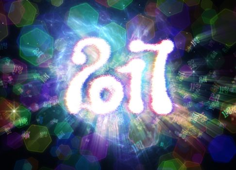 Happy new year 2017 isolated numbers written with light on bright polygonal bokeh background full of flying digits.