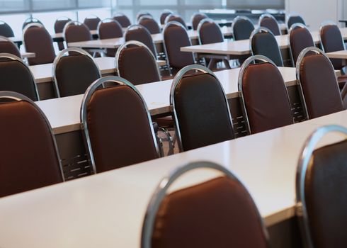 Preparing of conference room with table and chair in university for study.                           