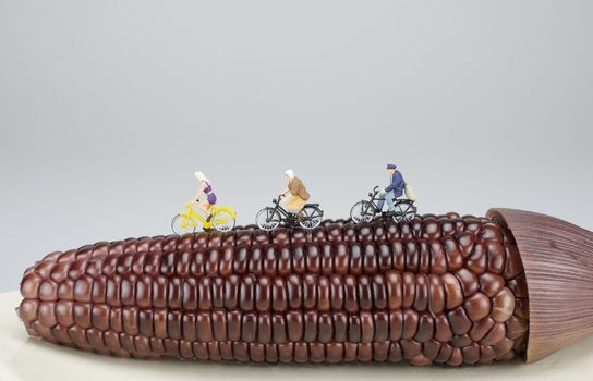 Three miniature people are bicycling on black corn in morning.