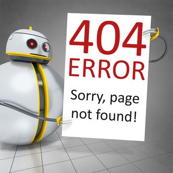 3d rendering of a sweet little robot holding error 404 board