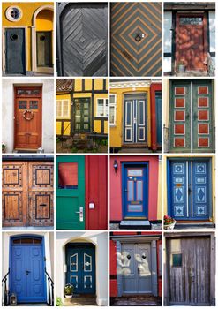 Collage with white border of traditional vintage colorful decorative front doors Denmark