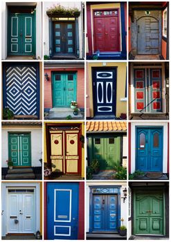 Collage with white border of traditional vintage colorful decorative front doors Denmark