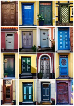 Collage with white border of traditional vintage colorful decorative front doors Denmark