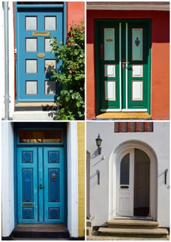 Collage with white border of traditional vintage colorful decorative front doors Denmark