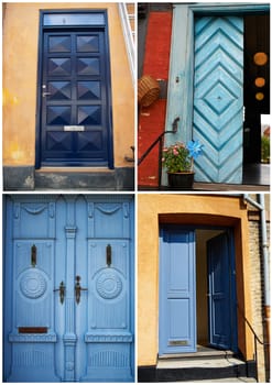 Collage with white border of traditional vintage colorful decorative front doors Denmark