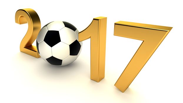 Year 2015 with soccer ball on the white background, 3d-illustration