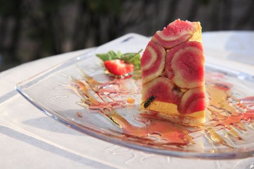Piece of cake on a glass plate and a bee