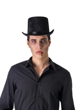 Portrait of a Young Vampire Man with High Hat and Black T-Shirt, Looking at the Camera, Isolated on White Background.