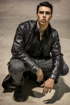 Portrait of a Young Vampire Man with Black Leather Jacket Sitting on Floor