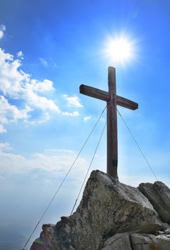 Wooden cross on top of the Predne Solisko peak in High Tatras mountain.