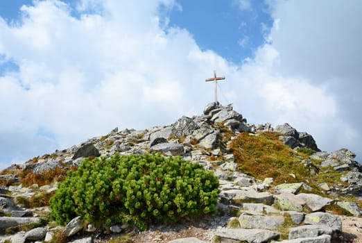 
Wooden cross on top of the Predne Solisko peak in High Tatras mountain.