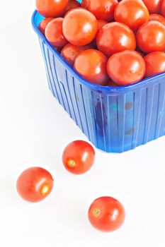 blue plastic box full of tomatoes isolated.