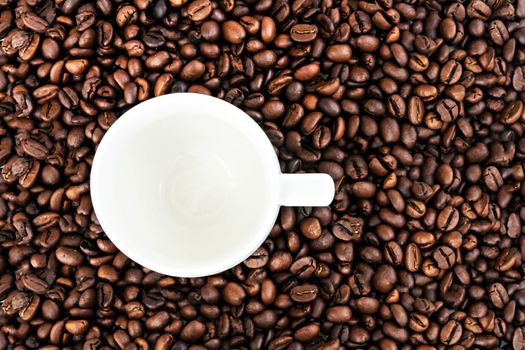 White coffee cup on the background of coffee beans.