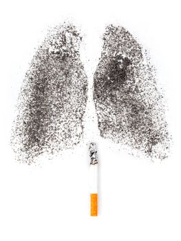 Shape of lungs with charcoal powder and cigarette on white background