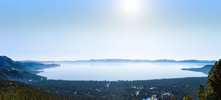 Panorama of Lake Tahoe in winter. Lake Tahoe is located on the border of California and Nevada.