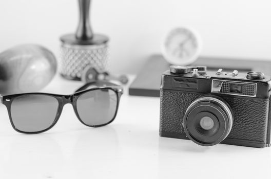 group of old traveler accessories and lifestyle on white background