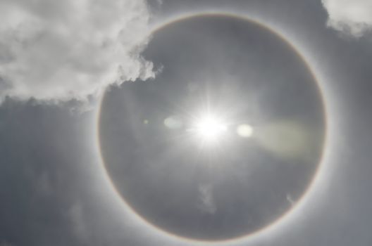 Sun with circular rainbow  sun halo occurring due to ice crystals in atmosphere in thai