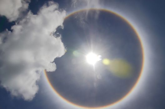 Sun with circular rainbow  sun halo occurring due to ice crystals in atmosphere in thai