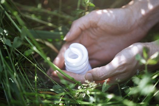 Hands of human putting energy saving bulb to the grass