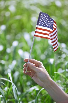 Hand of woman holding US flag in a grassland