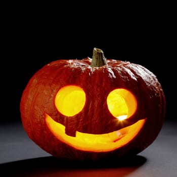 Illuminated cute glowing halloween pumpkin on black background