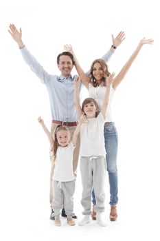 Happy family with raised hands up isolated on white background