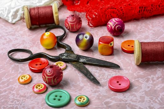 Accessories for handmade.Buttons,beads and lace decorations for crafts