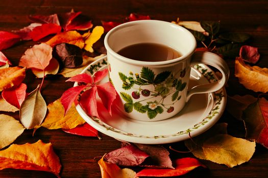 Cup of tea and autumnal foliage over a dark table