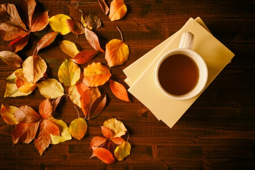 Cup of tea, books and autumnal foliage in vintage style over a table seen from above