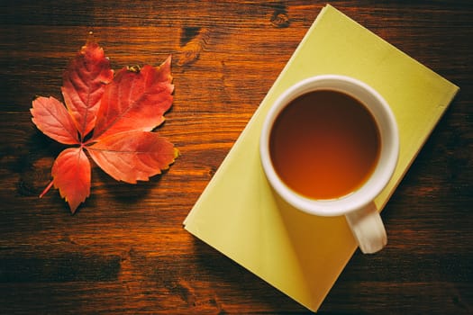 Cup of tea on a book and autumnal leaf seen from above in vintage style
