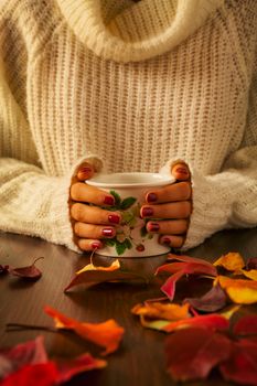 Woman hands holding teacup and autumnal foliage over a dark table