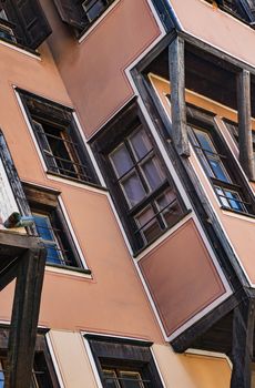 Windows of a typical house in old town of Plovdiv, Bulgaria, Europe. National heritage.