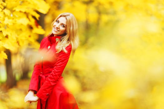 Beautiful elegant woman standing in a park in autumn