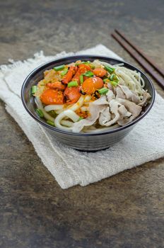 Korean hot spicy noodles with kimchi and seafood