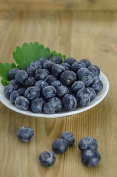 Blueberries on white plate over  wooden background